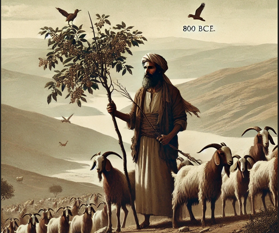 Obrazek przedstawia pastzrerza Kaldiego, kiedy 800 lat przed naszą erą odkrył źródła kawy.