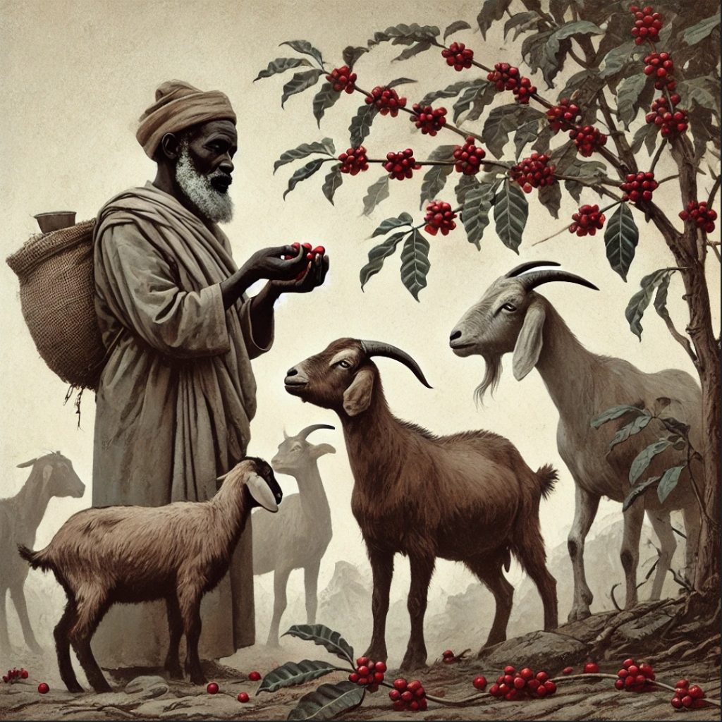 Obrazek przedstawia pasterza Kaldiego kiedy 800 lat przed naszą erą odkrył drzewo kawowca i moc jego owoców. Kawa a legenda o pasterzu Kaldim.