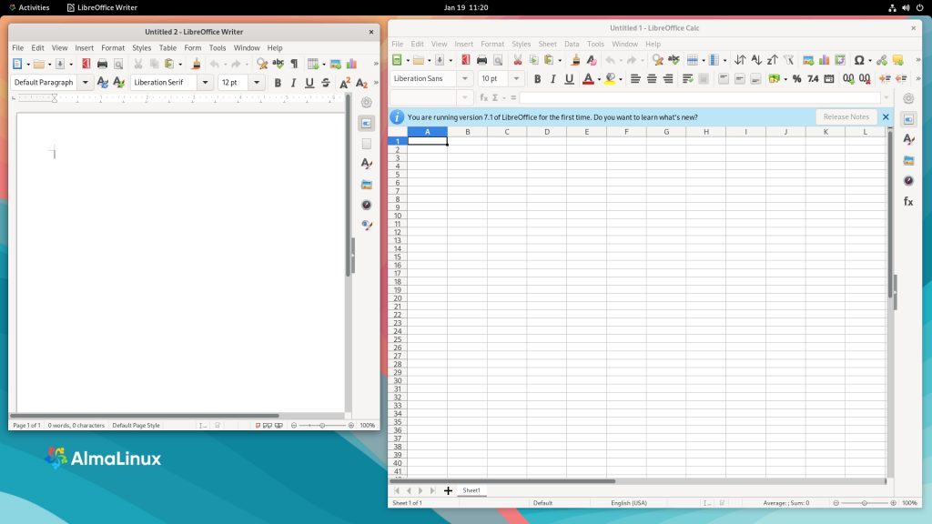 LibreOffice Writer i Calc w Alma Linux