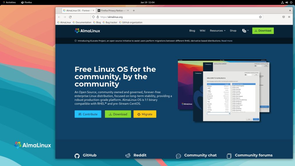 Dystrybucja Alma Linux - Przykładowy wyglądu pulpitu oraz oficjalna strona projektu