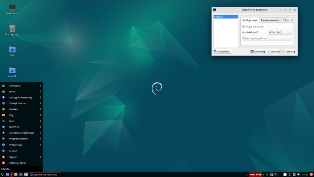 Dystrybucja Debian Linux i przykład okna w środowisku LQXt.