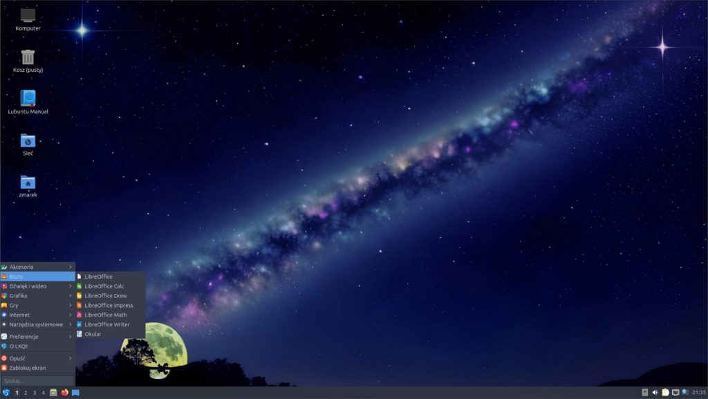 Przykładowy wygląd pulpitu LXQt w systemie Lubuntu Linux.