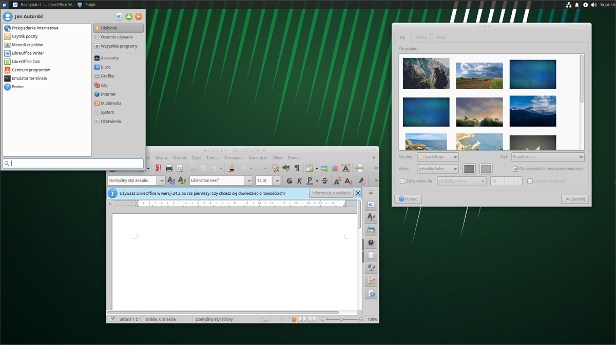 Menu Xubuntu Linux oraz wygląd okien programów