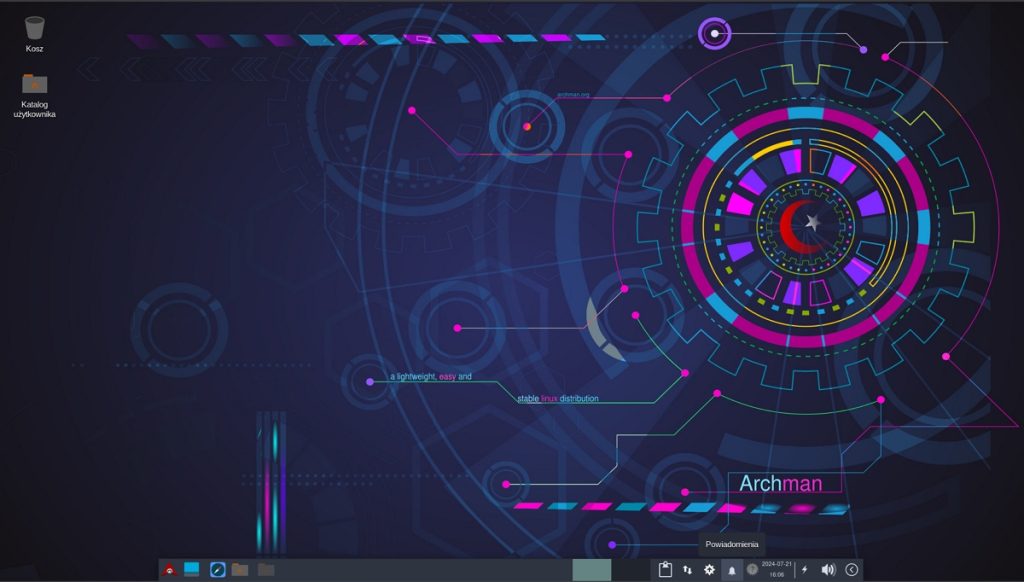 Wygląd obszaru roboczego dystrybucji Archman Linux